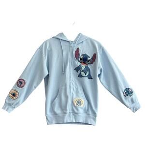 Disney Stitch Full Zip Hoodie Chenille Applique Patches Fleece Womens XS Blue